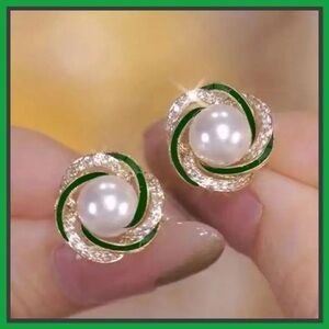 Elegant Gold and Green Pearl Earrings